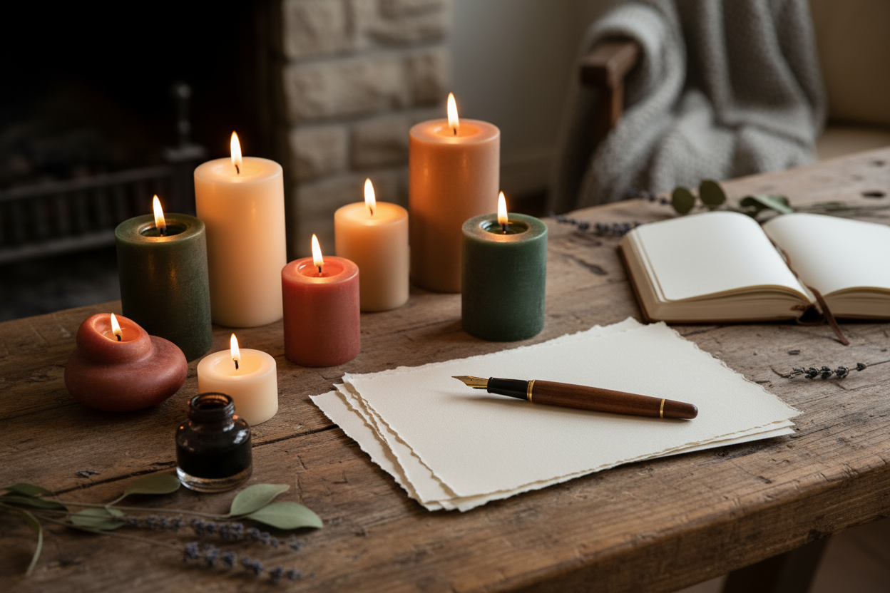 Un établi avec des bougies, et des papiers et un stylo pour écrire un courrier